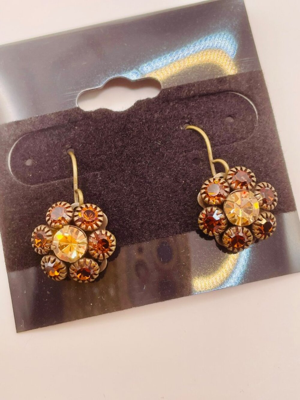 Vintage-Style Bronze Floral Amber Rhinestones Cluster Earrings -11B